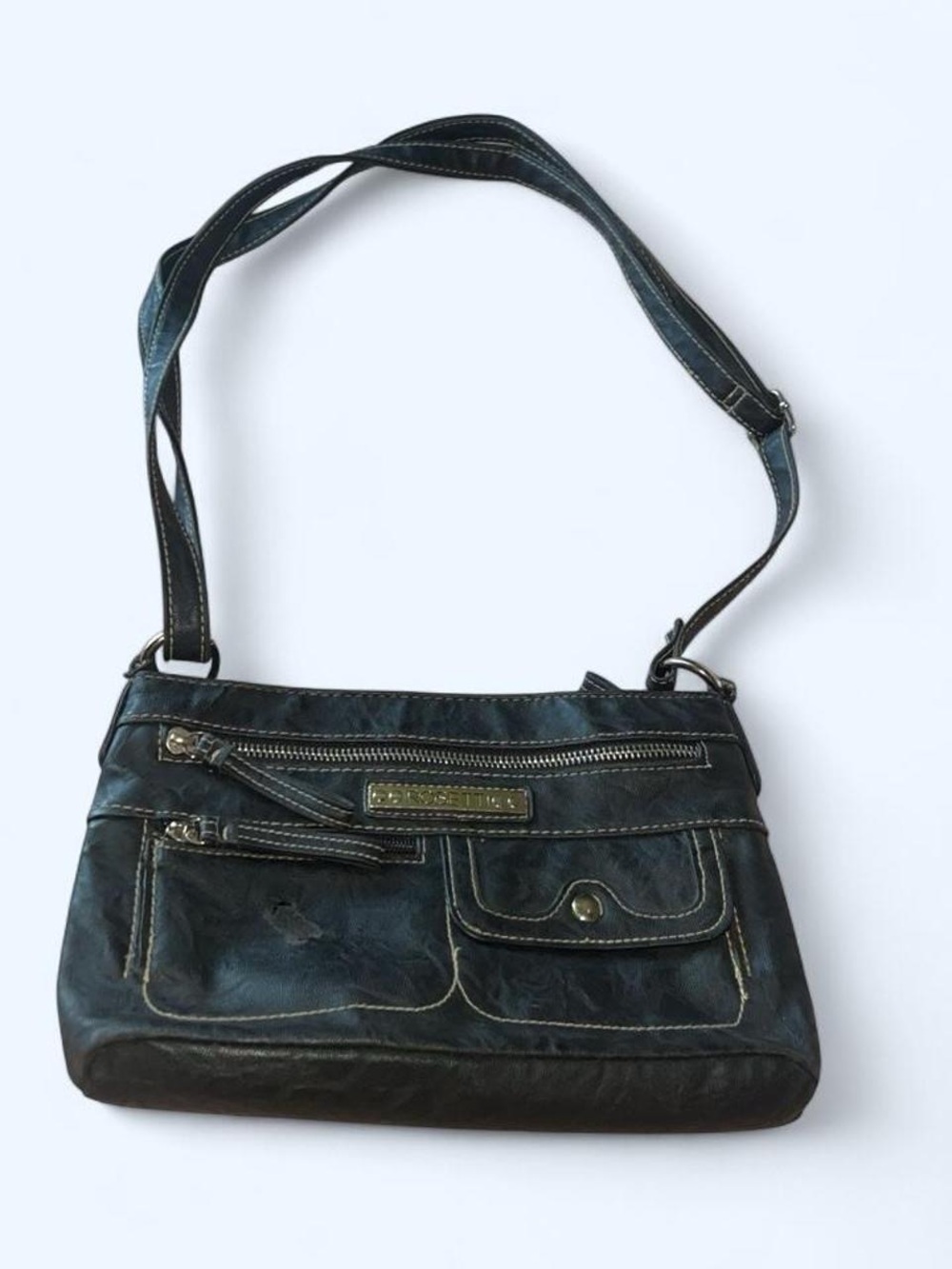 Rosetti Black Leather Crossbody with Front Zip and Pocket Details